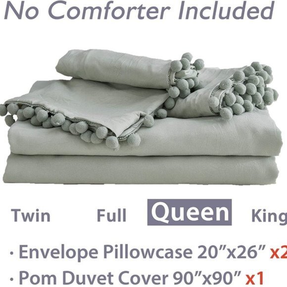 UO 3 Pieces Queen Green Pom Pom Fringe Duvet Cover - Picture 8 of 9